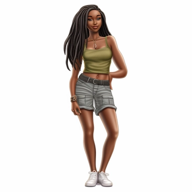 beautiful black teenage girl with beautiful long hair to her waist, dressed casually. Full perspective and, long shot A young black woman with full lips and a big beautiful smile, dressed in khaki shorts and a tank top, has long hair and beautiful shapely legs, wearing heels, clipart in the style of digital airbrushing, feminine sticker art, dollcore, realistic face, realistic body, glamorous,