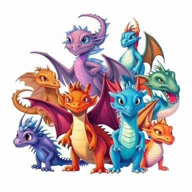 clip art of dragons, cartoon style, harry potter, white background
