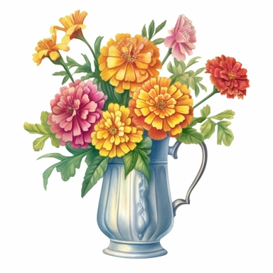 Design a dreamy watercolor clipart of frenchfarmhouse-inspired Zinnias, marigolds, and snapdragons arranged in a colorful enamel pitcher composition, hand-painted with soft and graceful brushstrokes. Draw inspiration from the artistic finesse of Ethereal Petals Watercolors for a refined and ethereal depiction. isolated on a white background, hand-drawn illustration, hand-painted watercolor texture, 16k UHD resolution, intricately detailed, sharp focal points, designed by Ana Victoria Calderon an