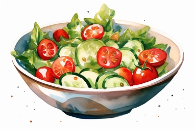 watercolor bowl of salad with tomotoes, bell pepper and cucumber clipart, fresh green color, hd, in the style of greg rutkowski, spaced out on white background