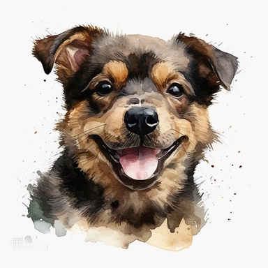cute Tahltan Bear Dog dog portrait, full face, centered shot, side shot, dynamically posed, in action, playful mood, happy mood, playing mood, cute face, adorable smile, childlike eyes, clean watercolor illustration, white background, nursery baby imagery, painting, detailed, 8k, PNG, clipart,