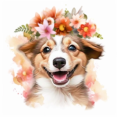 watercolor style, cute baby dog, smile, wear flower crown, white background, pixar style details Sublimation Clipart,hyper realistic, intricate detail, illustration style, isolated on white background for removing background
