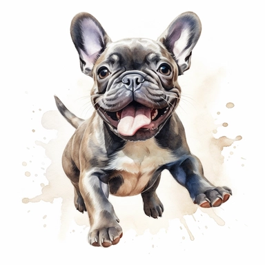 happy french bulldog puppy, watercolor illustration, clipart, full body, hyper-realistic animal illustration, childlike, free brushwork, white background