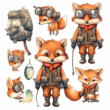 Wood Animals, Pilot Clipart, Aviator Clipart, cute sweet Fox Illustrations