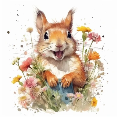 watercolor clipart of the top half body of a smiling squirrel surrounded by wild flowers and holding a dandellion, mouth open, hd, lots of detail, on white background