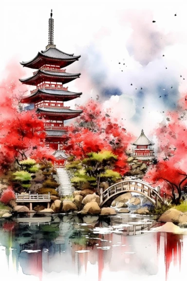 Watercolor Japan landscape, wonderful nature, very vivid colors, highly detailed drawing, white background, clipart, colorful, highly detailed, HD