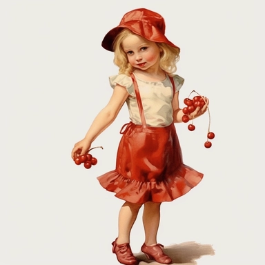 vintage clipart whimsical adorable little girl with cherries, full body, clipart style, accurate details, oil painting technique, super high quality, professional watercolor clipart, high resolution