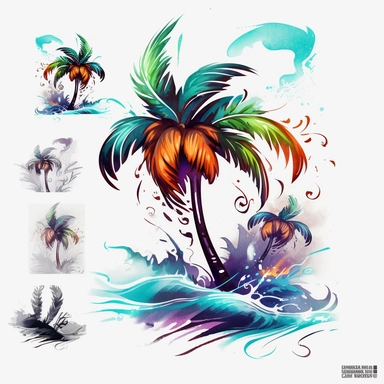 tattoo flash sheet of a majestic palm tree in painting style of Leonid afremov, island, sea waves, water splashes, white background, colorful shades, highly detailed clean, vector image, photorealistic masterpiece, professional photography, realistic, flat white background, isometric, vibrant vector, clipart, illustration, realism, 4k, surrealism, cinematic, front view, white background