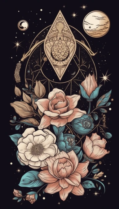 tattoo clipart, minimalism art decor image of a vector moon, lotus flowers, peonies, Buddha, stars and planets, vertical, sacred geometry, tiny, metallic colors, spiritual, vector, phone wallpaper, high quality image, vector, logo, pastel, triangle and sacred geometry, dark background