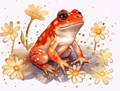 red gold watercolor Frog with flowers clipart with golden metallic line and some glitter, plain background, 8k, high resolution
