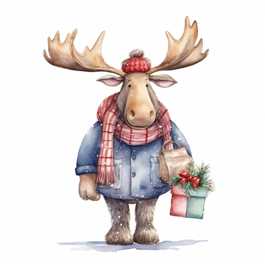 Watercolor, cute Christmas moose, with a red hat, coat and sack of gifts, PNG, winter, nursery, cartoon, highly detailed, watercolor, very high details, white background, clipart style