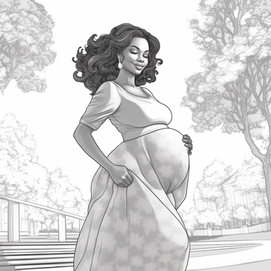 coloring page . Walking in the park Beautiful black woman .pregnant baby bump showing , beautiful, pregnant baby bump ,clipart, school background, detailed, happy, glamorous