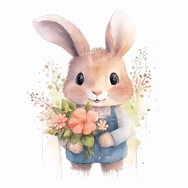 Watercolor bunny holding bouquet of wild flowers clipart, childlike innocence and charm, big and adorable eyes, cute and charming expression, funny and floppy ears, rosy cheeks, shy bunny, foreboding colors, valentines day themed, white background, high quality