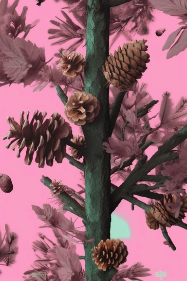a close up of a tree with leaves on it, a poster, inspired by Byeon Sang-byeok, ecological art, heaven pink, pinecone, grimes - book 1 album cover, beyonce, realityengine, promotional artwork, biennale, official product image, pine forests, pespective, clipart, key is on the center