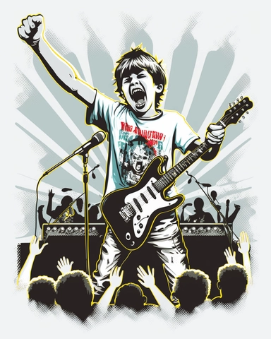sticker, artwork of t shirt graphic with a 6 year old, cool boy, performing a rock song on stage with a e-guitar and a microphone, in front of the stage is the audience with their arms in the air, in digital painting style , white background, highly detailed clean, vector image, photorealistic masterpiece, professional photography, realistic, flat white background, vibrant vector, clipart, illustration, 4k, front view, white background
