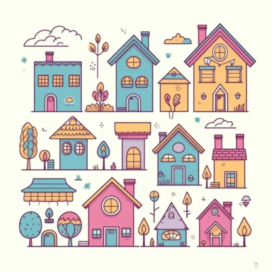 Big houses and small houses, clipart style, vector, logo, cute, golden, purple, teal, pink, lite blue, picture book style, children's lesson book, captivating, kid friendly cute character, black and white, coloring book style, cartoon style, vector image, simple, line art style, character, white background