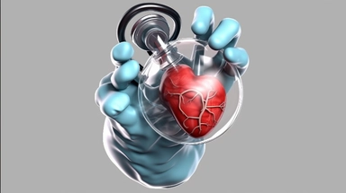 3d render. Doctor cartoon hand with stethoscope listens to the heart icon. Medical healthcare illustration. Cardiology clip art isolated on transparent background, Bright color, ultra realistic