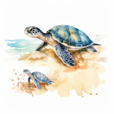 watercolor sea turtle and baby sea turtle on the sand in the ocean clipart, creative and detailed, white background