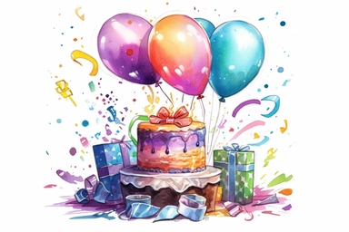 gift, cake and balloon watercolor clip art, in the style of dau al set, expressionistic color explosions, dadaist mixed-media art, mikalojus konstantinas ciurlionis, lisa frank, luminous palette, joyful chaos