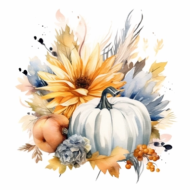 clipart, watercolor, fall flower, pastel pumpkin, feather, gourd, white background