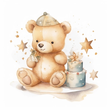 cute watercolor newborn soft beige baby bear toy smiling with stars and birthday cake, watercolor effect, isolated white background, babyshower clipart, soft beige tones