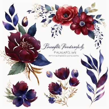 Burgundy Navy Watercolor Elegant Floral Clipart banner, Watercolor Flowers in the style of clipart banner. Burgundy Navy flowers clipart. white background