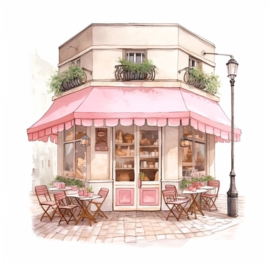 commercial shot of realistic french boho parisian pink pastel cozy cafe with open doors cute elegant tables and parasol and plants in front clipart, french cafe, high quality, intricate design, clipart witchcore dreamcore cottagecore white background no text, isolated on white, ghibli style, award winning