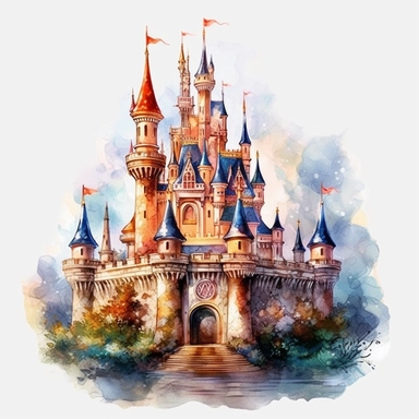 Watercolour animated whimsical beautiful Disney inspired beautiful fairytale castle Disney inspired fairytale castle beautifully detailed perfect details ultra highly detailed, 18k, sharp focus, bright photo with rich colours digitally enhanced, enhanced graphics, straight, sharp focus, bright lighting, intricate detailed png image ,high definition,300dpi,graphic clipart,computer graphics
