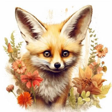 lashes, super lovely, nursery, close-up of an fennec foc, flower. The red panda has fluffy fur with black markings, large ears, and bright eyes. It is standing on top of a white background. vintage clothing hyper realistic 8k clipart