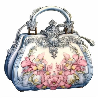 vintage style Detailed light and shadow, 2D outline, A beautifully patterned neo rococo Victorian baroque hyper realistic hand bag in varying hues of pale pink, blue and yellow, stunningly beautiful, refined and sophisticated, Hand drawn, cicely mary barker ,realistic watercolor, Clipart, emotionally pleasing watercolor, i can't believe how beatiful this is,accurate detailed line art, white background, intricate detail, clean line art, saturated fantasy watercolor