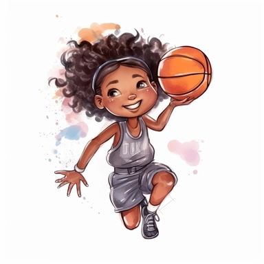 cute Watercolor black girl cartoon basketball player shooting hoops, clipart, white background