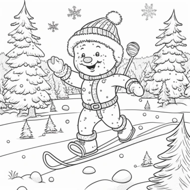 Coloring book page for kids, a Christmas tree, cute little bear in human costume, wearing Christmas hat, laughing, running on ski over the snow, clipart, cartoon kids style hand drawn line art, black and white