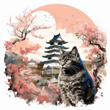 cherry blossoms laden on Osaka Castle Bottom, Siamese Cat wearing a Japanese kimono, sunrise, Clipart Watercolor