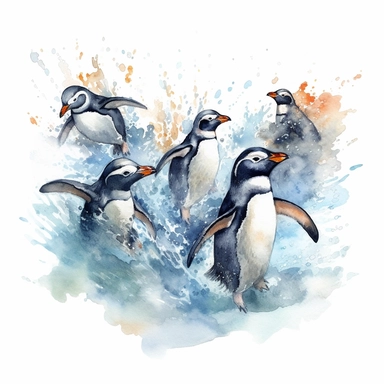 Watercolor clipart consist group of penguins splashing and swimming in the water, showcasing their playful nature, Produce very high detailed image, Produce very high quality image, The penguin proportion is same as real emperor penguin, Left some white empty space around the image frame,