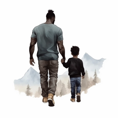 black dad and his son back,realistic,watercolor clipart,full body crops,photography