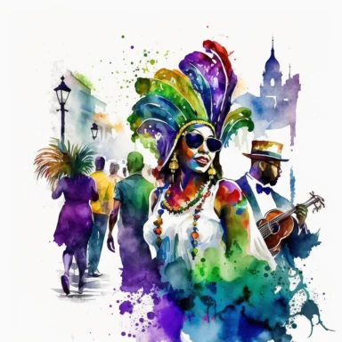 watercolor clipart, Louisiana Mardi Gras scene with happy people, bold colors white background--s 500