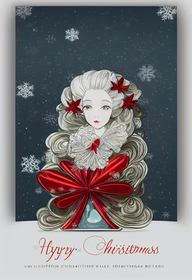 Christmas gift box, red bow, clipart, anime, christmas background, white snow, flooded with celestial starry waters, rococo style Marie Antoinette, big glass windows with billowing, floral drapery,