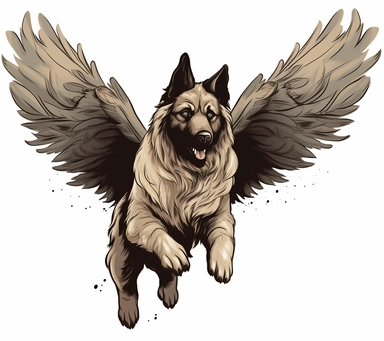 A flying Caucasian dog with wide wings spread out and a 'TK' tag logo design on its chest, vector clip art illustration free download, majestic appearance, grim realism style, Fang Lijun, cartoon realism, dark white and brown , uhd images, murals and frescoes, engraved lines