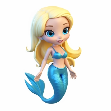 oilpainting, 2d icon of a super cute cartoon mermaid clipart with blonde hair and deep blue eyes, full body, 3d rendering, white background, clean
