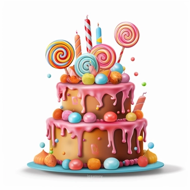 Create a clipart image of a birthday cake with a whimsical theme. Incorporate elements like candy, lollipops, and colorful fondant decorations.