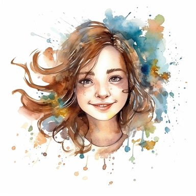 watercolour clipart of a girl, with crazy brown hair, blue-gray eyes, the sweet and scatterbrained dreamer, with a great sense of humor. She immerses herself in the world of digital design, creating exquisite papers for scrapbook albums. Though she may often forget things, her delicate touch and gentle nature shine through her artistry, make her smiling, exalted mood, white background, 8k, f1