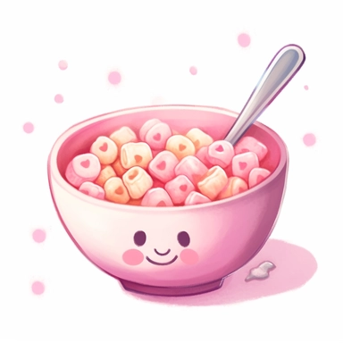 kawaii pink bowl of cereals with a spoon inside de bowl, pastel pink palette, super cute, so adorable that is breaks your heart, full body, watercolor clipart, isolated on white background, cute-core