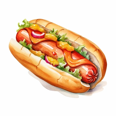 watercolour hot dog, clipart on white background, no watermark, highly detailed, professional color gradation, clean sharpness
