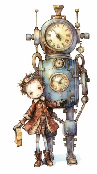 watercolor steampunk robot clock entire body with a steampunk suitcase by his side and holding a cute steampunk doll in her arms, illustration clipart by holly hobbie and mary engelbreit