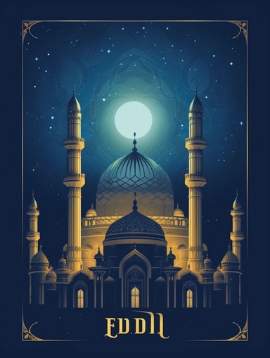 eidul fitr poster vector clip art and photos free download, in the style of dark sky-blue and light gold, gothic atmosphere, alan bean, realistic lighting, edwin lord weeks, furaffinity, innovative page design