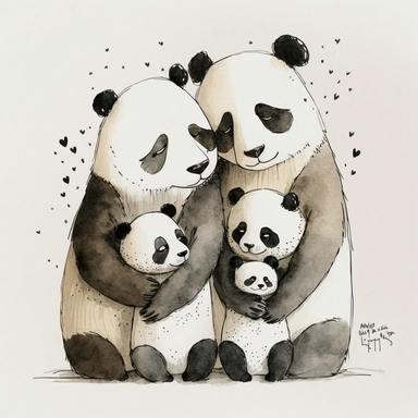 watercolor and ink drawing of a portrait of a family of four happy panda bears, one mom bear, one dad bear, two baby bears, clipart, embracing each other, cute pose, cartoon, doodle, happy, smiling, beautiful watercolor ink wash coloring, thick pencil lines, quentin Blake, Adrian tomine, popular on etsy, watercolor illustrations clipart, watercolor illlustrations for kids and children, book illustrations, plain white background