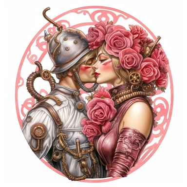 A romantic steampunk duo leaning in for a gentle kiss, both dressed in elaborate red and pink steampunk outfits, surrounded by the beauty of a vibrant steampunk rose. Ultra high quality, intricate detail, retro - futurism, pastel clipart, white background