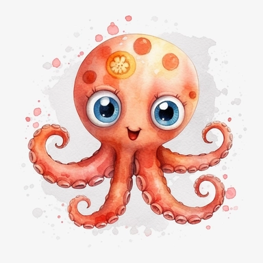 Cute octopus clipart with watercolor illustration, nursery theme, kawaii, big eyes, smiling