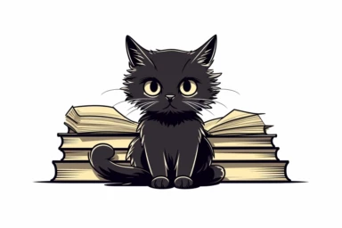 very simple clipart, Vintage retro distressed cat sitting books design featuring contour, funny handraw style, black and bone colors, t shirt design graphic design, in the style of bold outline, white background