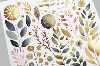 beautiful doodle foliage clipart elements, metallic spring hues with golden accents, handpainted, watercolor texture, shiny sparkly gold glitter, soft brush strokes, clipart on white background with free margins, sharp focus